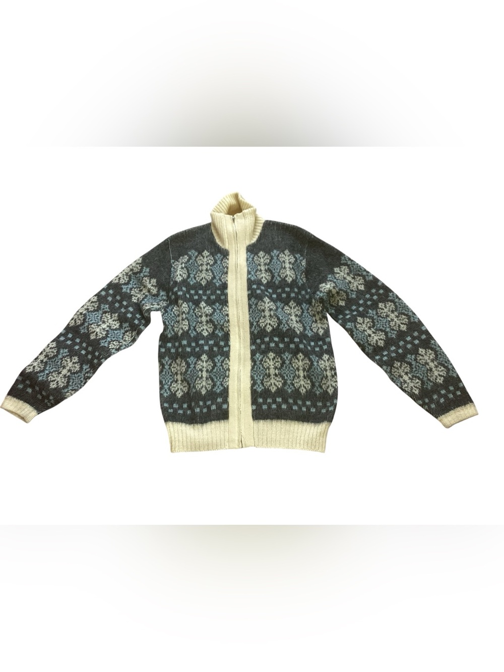 Jantzen Vintage Wool Mohair Blend Gray & Cream Fair Isle Zip-Up Sweater Jacket